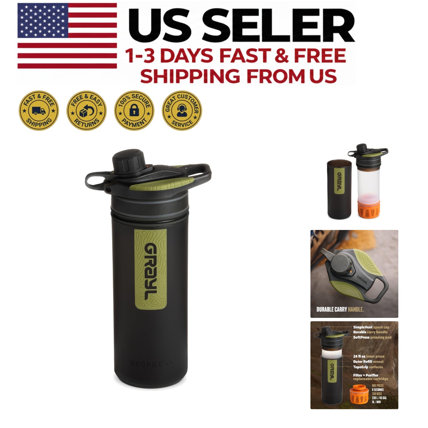 Bottle W Filter To Hiking Camping Survival Travel Black Camo