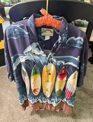 Paradise Found Men's Hawaiian Surfboard Graphic Print Button-Up Shirt Blue L