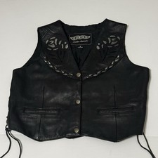 UNIK Womens Size Large Black Leather Vest Silver Roses Motorcycle Lace Up Sides