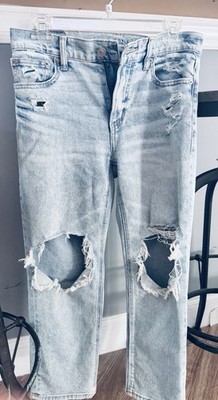 American Eagle Women's Light Wash Distressed Straight Jeans 5-Pocket Mid Rise