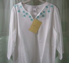 New Sport Savvy Outfit White Top Embroidered Flowers Pants Blue Size Large QVC