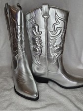 Women Western Cowgirl Boots Faux Leather Mid-Calf Length with Embroidered Design