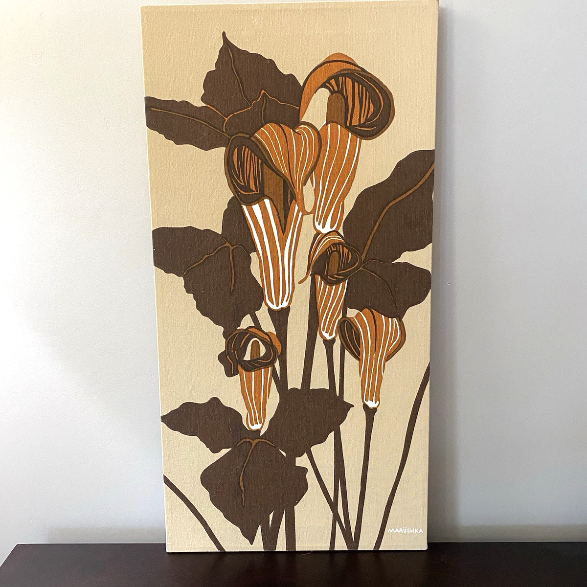 Vintage Marushka Fabric Art Print Brown Tan Calla Lilies Screen