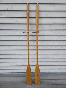 VINTAGE Old Wooden Paddles Oars with OARLOCKS Feather Brand Measures 72"