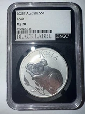 2025 P $1 .9999 1 oz AUSTRALIA KOALA NGC MS70 BLACK LABEL Silver Coin