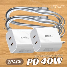2Pack 40W Fast Charger Block PD Cable USB C For iPhone 17Air 16e 15 14 13 12 11