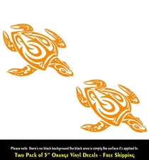 Tribal Sea Turtle Graphic Two 5" Orange Vinyl Decals Car Truck Mirror Wall Door