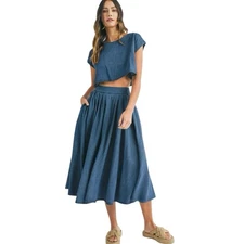 Mable Anthropologie Womens Eda Crop Top Midi Skirt 2-pc Set S Blue Denim NWT