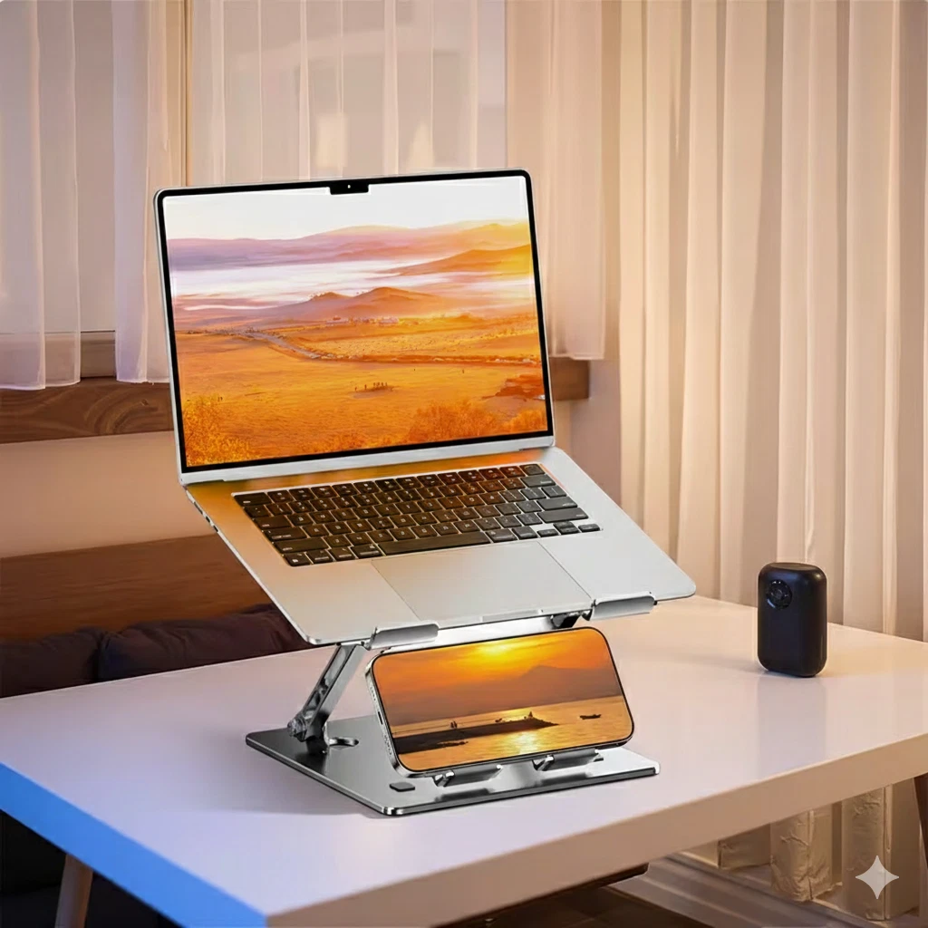 IFCASE - Supporto da scrivania per computer portatile, con adesivo e vite, in alluminio duro per laptop, Mac Mini, MacBook, tastiera con silicone antigraffio (argento