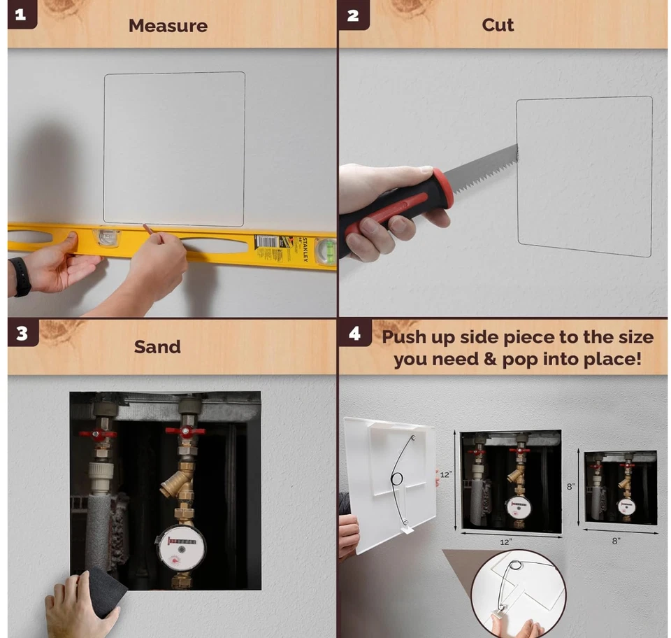 Pacote com 4 painéis de acesso de mola ajustáveis Morvat 12x12 para drywall e teto - Imagem 4 de 4
