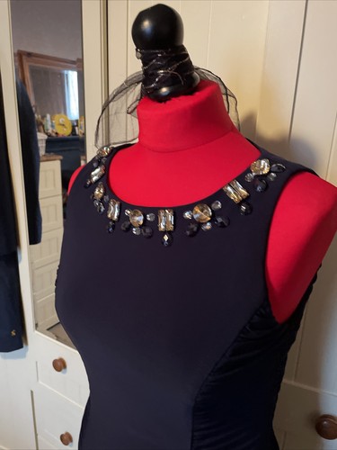 UNTOLD Ladies Navy Blue Sleeveless Ruched Beaded Knee Length Dress Size 10 - Picture 2 of 8