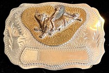 Vintage Western Flair German Silver Belt Buckle Bull Riding Award Scrollwork
