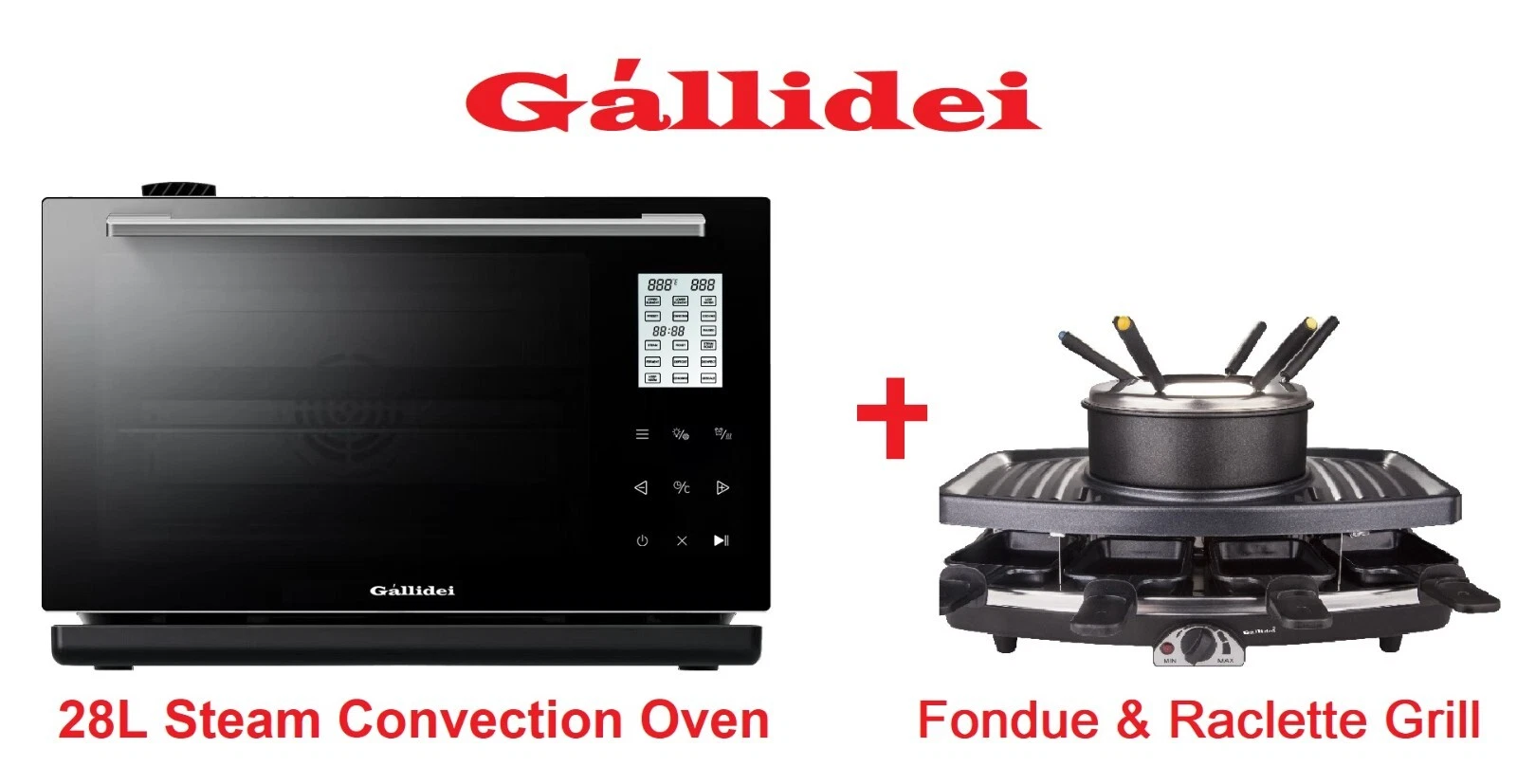 GALLIDEI 28L Steam Convection Rotisserie &Fondue Raclette Electric Hibachi Grill
