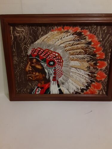 Lg.Vtg. Embroidered Crewel Native Indian Chief Az Tec Art Picture In Frame 17 X - Picture 2 of 12