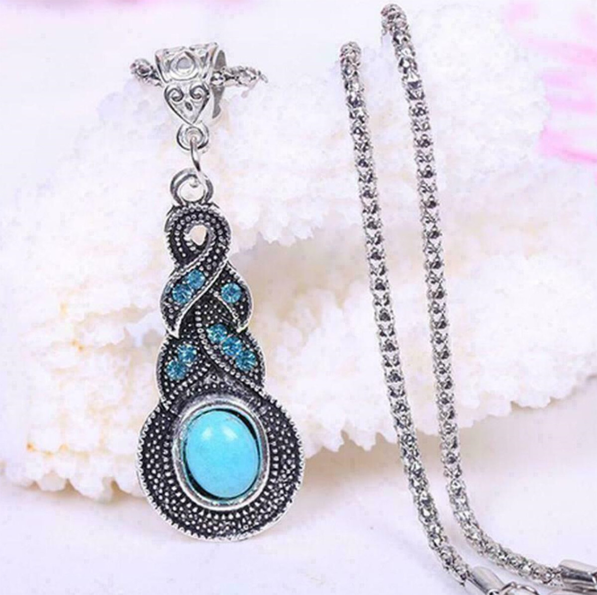 DESIGNER INSPIRED BLUE FAUX TURQUOISE SILVER NECKLACE & EARRINGS