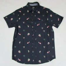 Eighty Eight Christmas Button Up Shirt Mens Short Sleeve Blue Santa Leaf & Tree