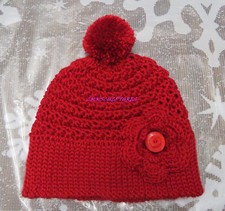 Handcrafted Crochet RED wide Pom POm Hat Adult Missy girl Chic Winter BUtton A46
