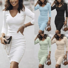 Women Slim Fit Sweater Knitted Bodycon Dresses Ladies Work Sexy V Neck