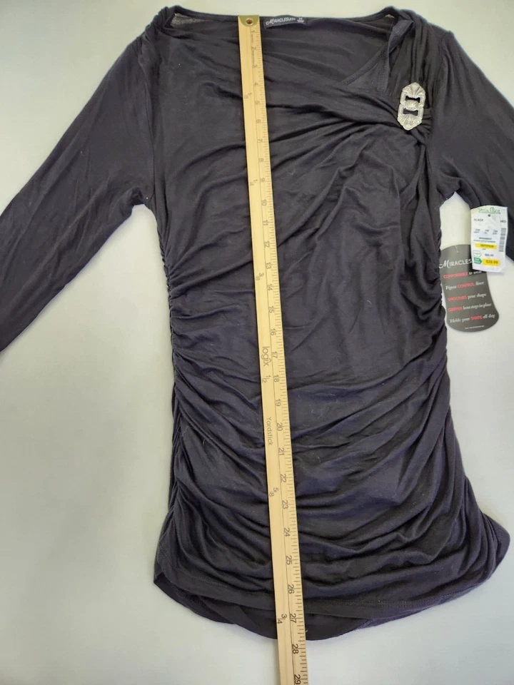 Camiseta Miraclesuit Mujer M Negra Imitación Envolvente Detalle Hebilla Manga 3/4 Nueva con Etiquetas Foto 3 de 4