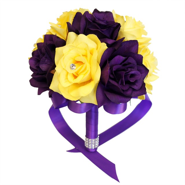 8" Wedding Bouquet Purple and Yellow Artificial Roses Bridesmaids