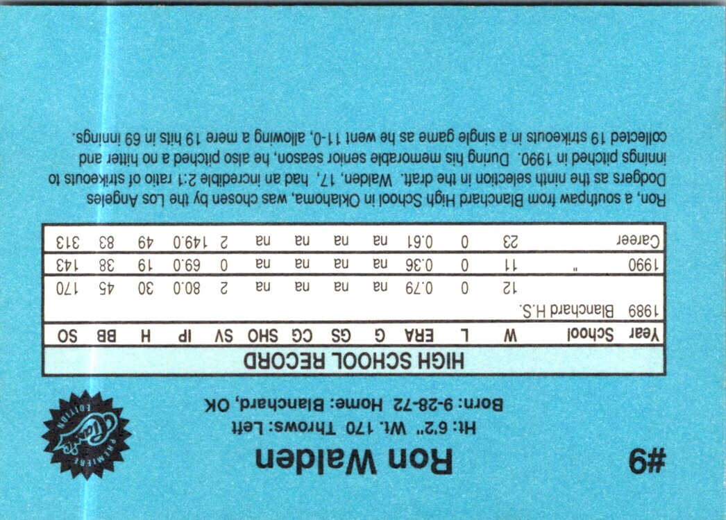 1990 Classic Draft Picks Ron Walden 9 Los Angeles Dodgers Baseball