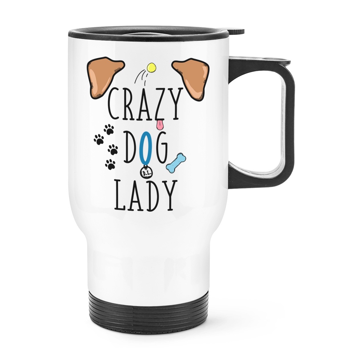 Crazy Dog Lady Brown Ears Travel Mug Cup With Handle - Funny Puppy Thermal Flask