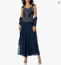 J Kara Women's Petite Beaded Cap Sleeve Dress w/ Scarf Navy 8P