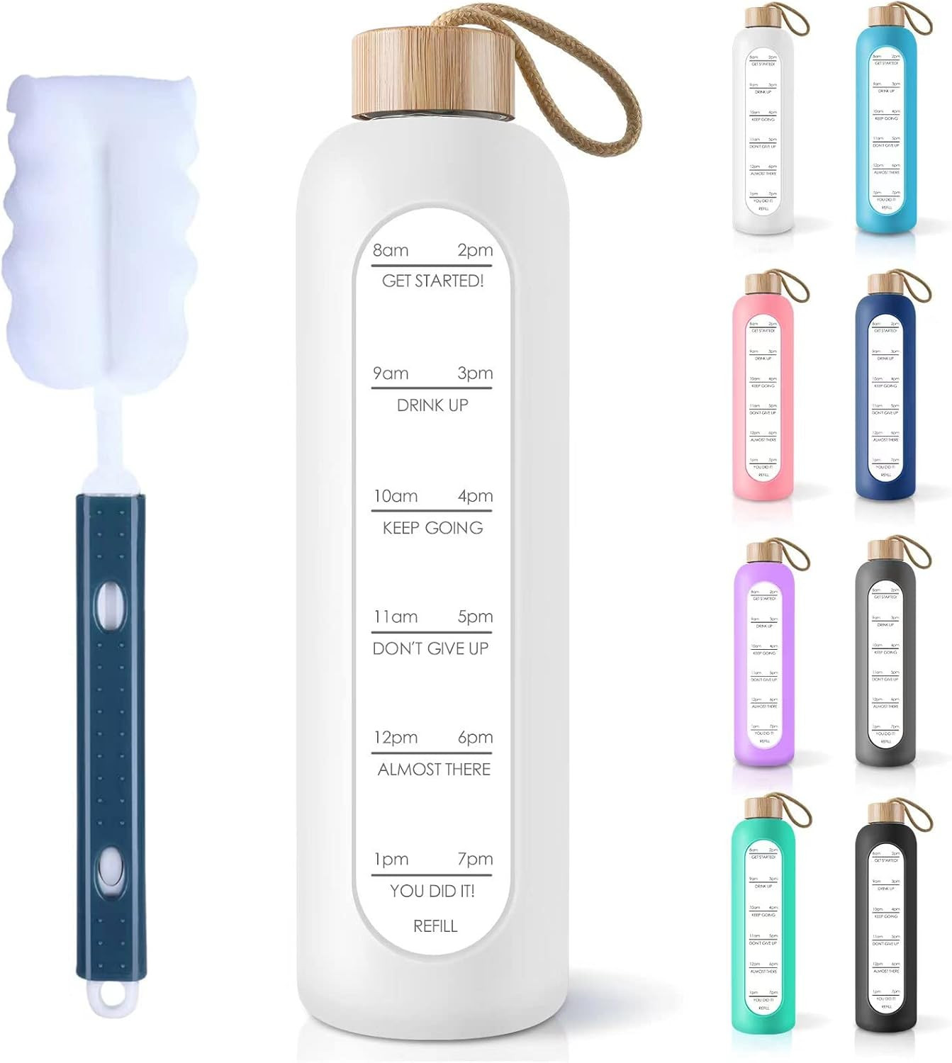 32 Oz Borosilicate Glass Water Bottle with Time Marker Remin