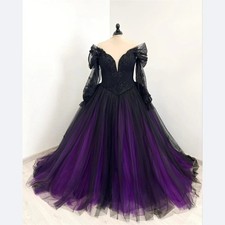 Gothic Black Purple Wedding Dress Lace Appliques Long Sleeves A-Line Bridal Gown