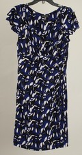 Kasper Dress Women’s Medium Blue White Black A Line Short Sleeve V Neck Stretch