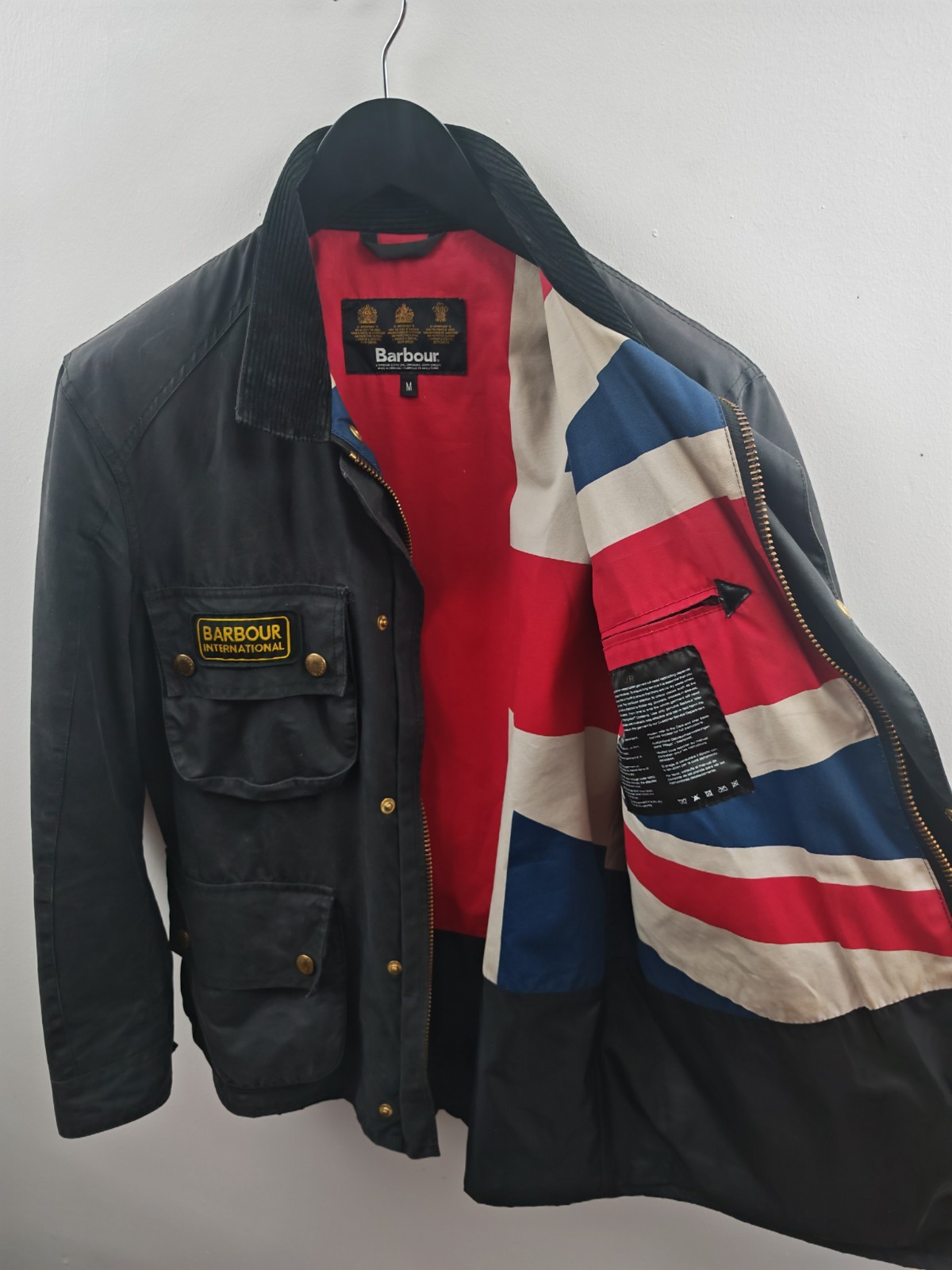 Barbour International Union Jack Waxed Jacket Black Mens Size Medium Biker image 6
