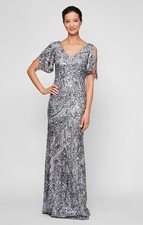 Alex Evenings Silver Sequin Stretch Lace Flutter Sleeve Cold Shoulder Gown 8