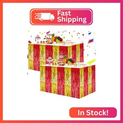 BEISHIDA 2 Pack Red Gold Table Skirts Party Decorations Metallic Tinsel Foil Fri