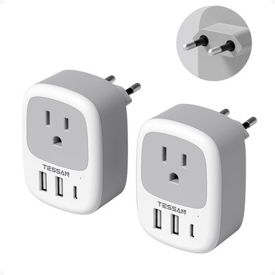 2Pack Europe Travel Plug Adapter US to EU Type C w/ 3 USB Ports USB-C TESSAN