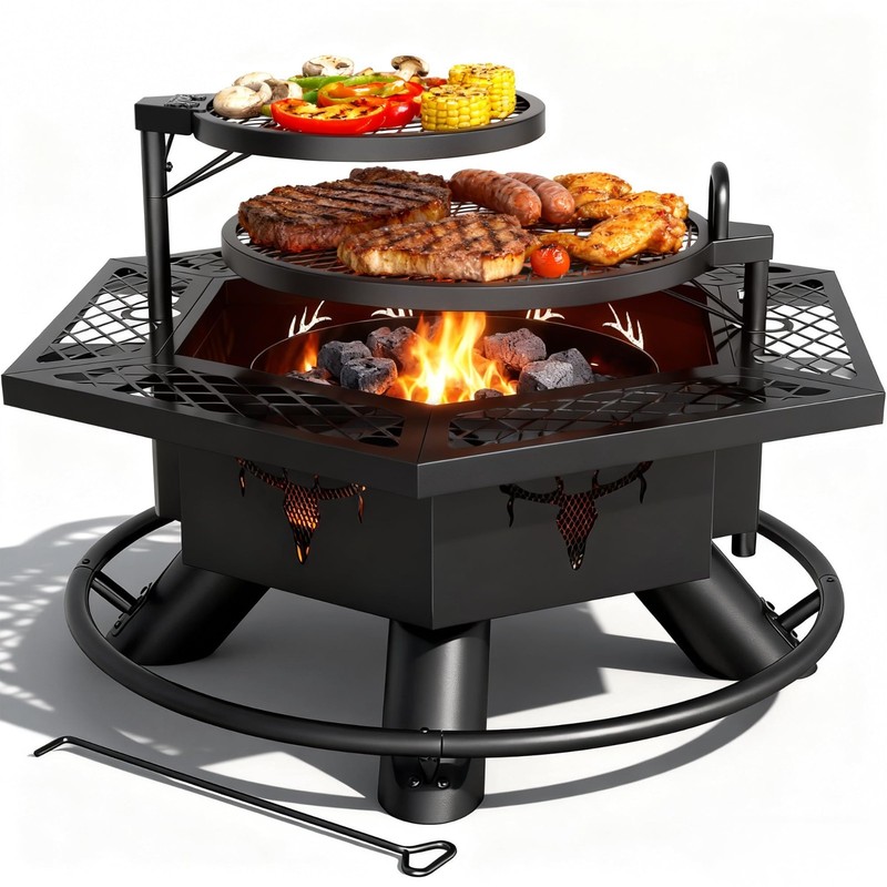 BALI OUTDOORS Fire Pit with BBQ,Hexagonal Outdoor Patio Firepit for Wood Burning