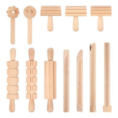 Wooden Play Dough Tools Set of 12 for - Pottery Texture Rollers & Clay Stamps...