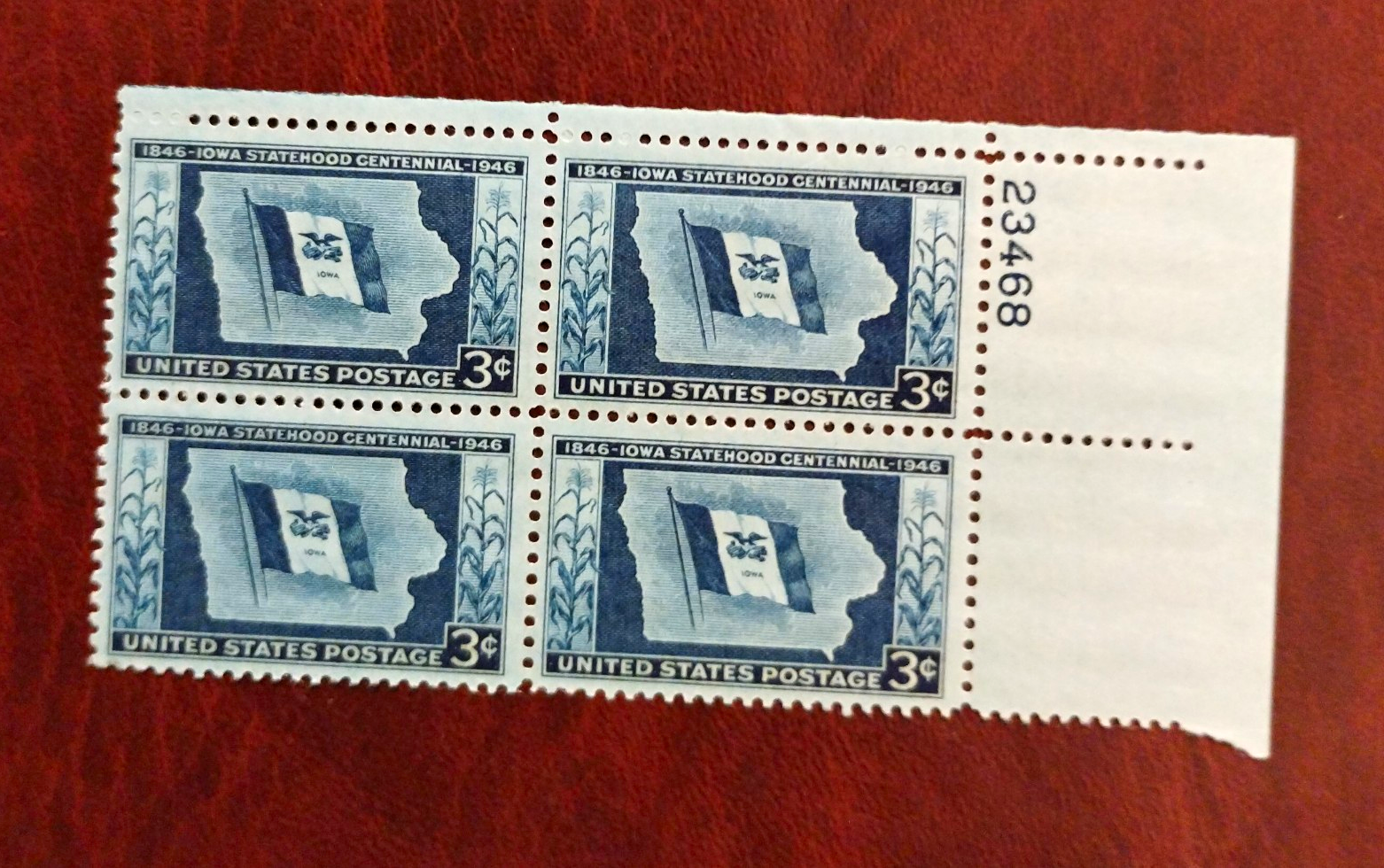 United States Iowa Statehood Centennial 3¢ Blue Plate Block of 4 MNH #23468