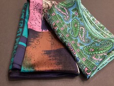 PR 2 Sq VTG Scarves Silk /Poly Neckerchief Abstract Paisley Teal Pink Green Blue