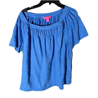 Lilly Pulitzer Top Women s XL Blue Boho Short Sleeve Blouse Peasant