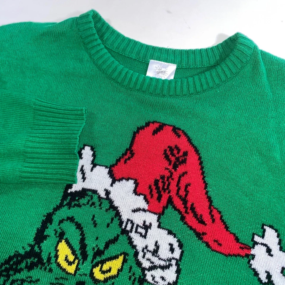 The Grinch Dr Seuss Mens XXL Green Ugly Christmas Sweater Santa Hat Graphic E204 - Image 1 of 4