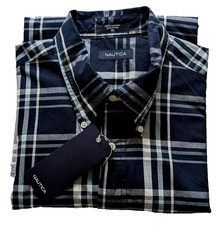 Nautica Short Sleeve Shirt Men's XL Cotton Navy Blue/Gray/White Plaid NWT