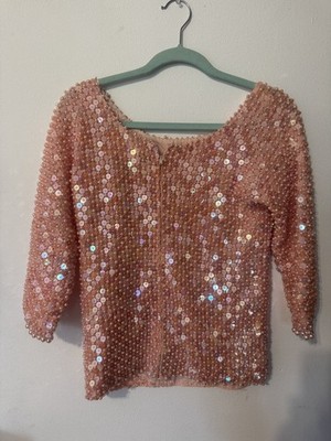 VINTAGE 50S 60S BEADED SEQUIN PINK 3/4 SLEEVE TOP - 100% WOOL SIZE MEDIUM