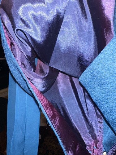 Blue and purple satin-lined vintage J.R. Nites coat, size 12, with pink inner lining visible through the blue outer layer.