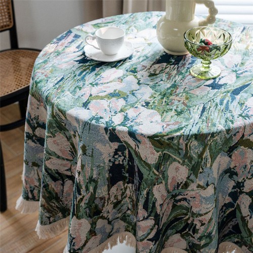 Round Tablecloth Vintage Print Tassel Tea Table Cloth Cover Dining Kitchen Decor - Picture 11 of 58