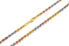 14k Gold Tri-color Solid Rope Chain 3mm Twist Link Necklace Size 16"-24"