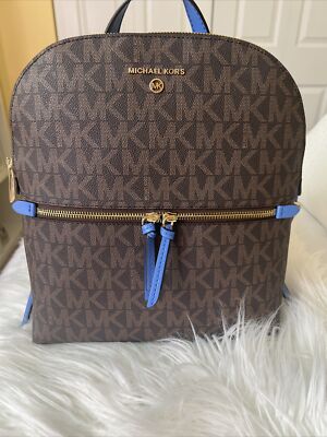 MICHAEL KORS Dallas MD SLIM BACKPACK MK Signature Brown & Blue Trim $298 New