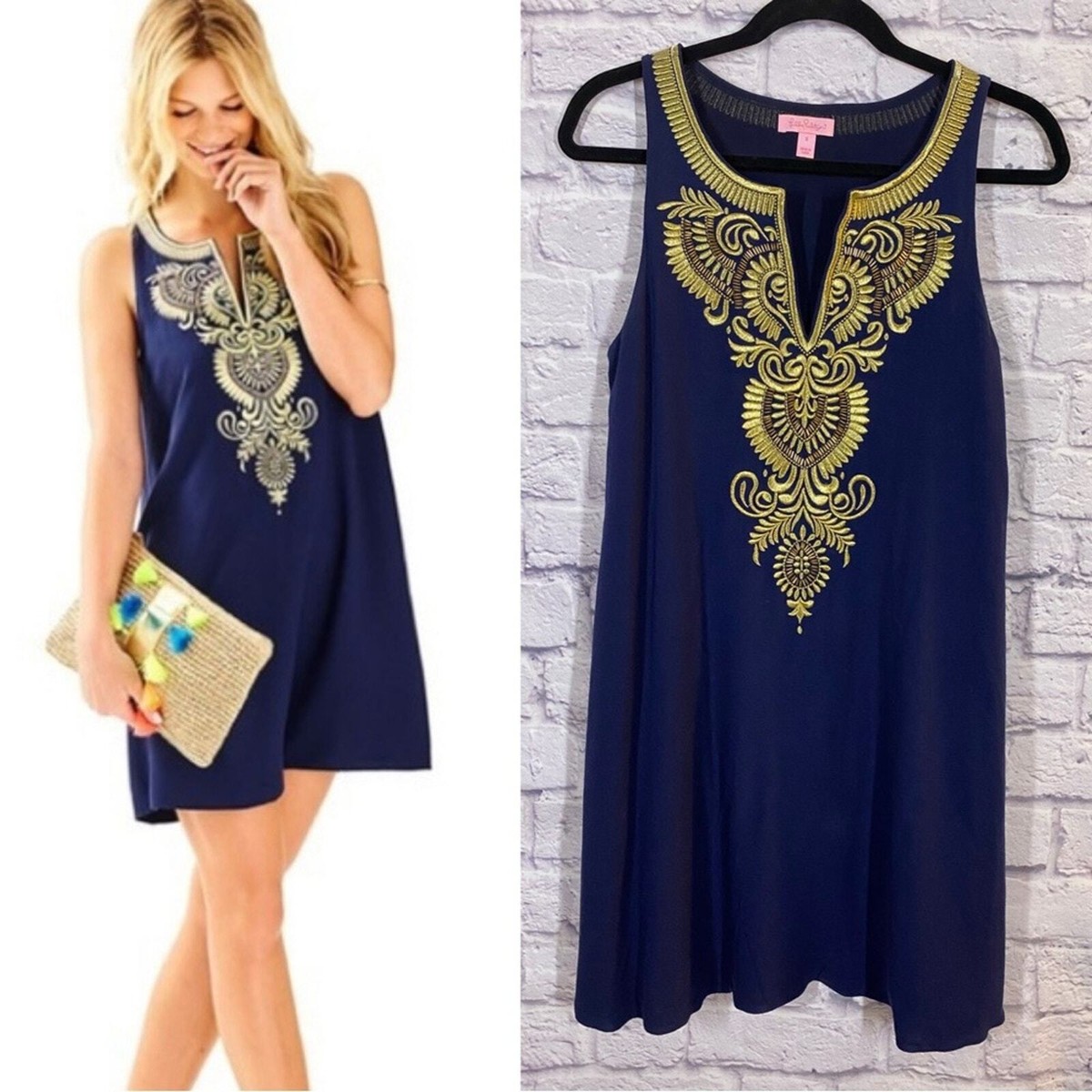 Lilly Pulitzer Aubra Gold Embroidered Navy Sleeveless Shift Dress Size Small