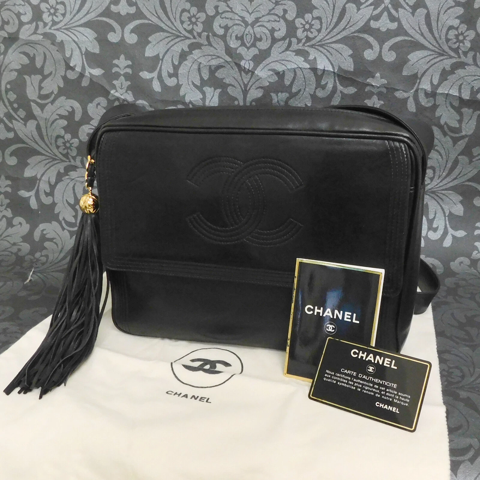 Borsa a tracolla CHANEL pelle di vitello con frange in pelle nera borsa tote #2563 rialzata
