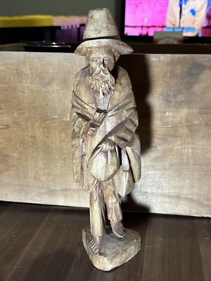 Vintage Wooden Statue Hand Carved Old Man Barefoot Traveler Beggar Sculpture