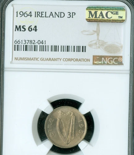 1964 IRELAND 3 PENCE NGC MS64 PQ MAC SPOTLESS  *